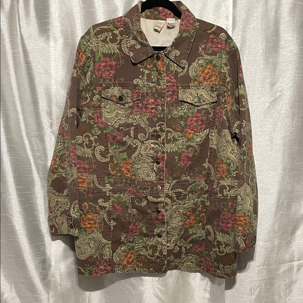 Roaman's Long Floral Denim  Jacket
